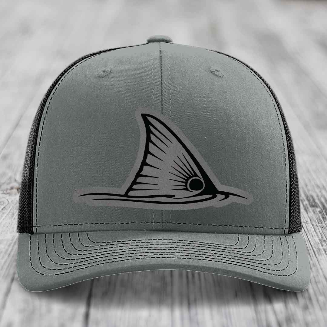 Redfish Tail - Leather Patch Hat - Grey to Black Patch - Richardson 112 Snapback Trucker Hat