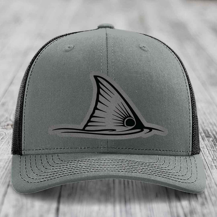 Redfish Tail - Leather Patch Hat - Grey to Black Patch - Richardson 112 Snapback Trucker Hat