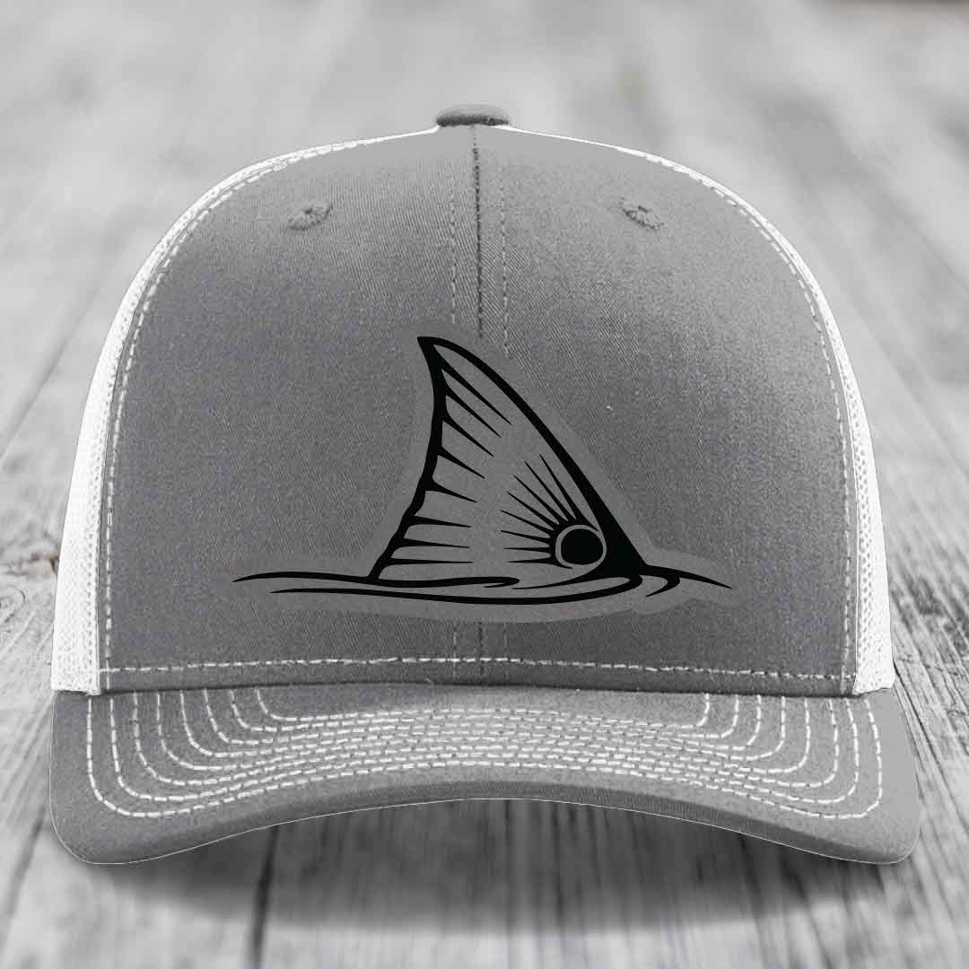 Redfish Tail - Leather Patch Hat - Grey to Black Patch - Richardson 112 Snapback Trucker Hat