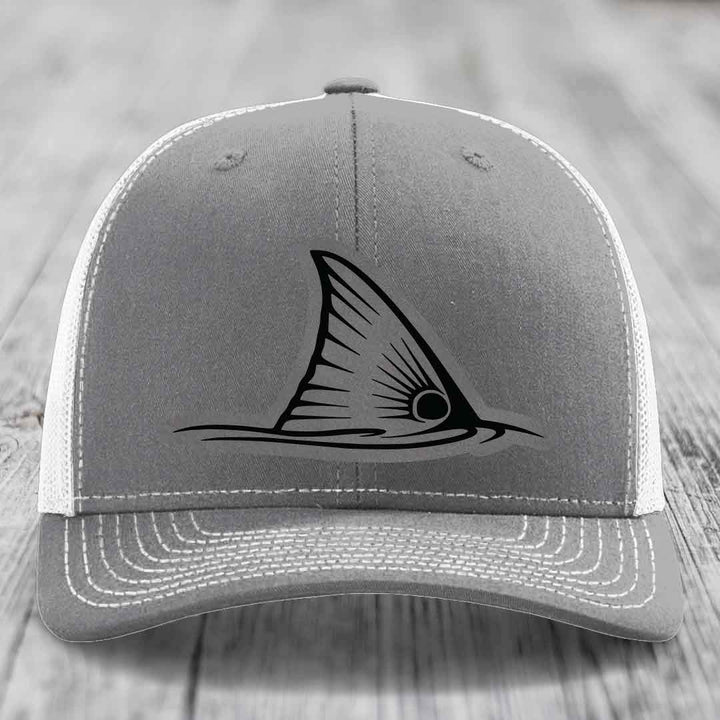 Redfish Tail - Leather Patch Hat - Grey to Black Patch - Richardson 112 Snapback Trucker Hat