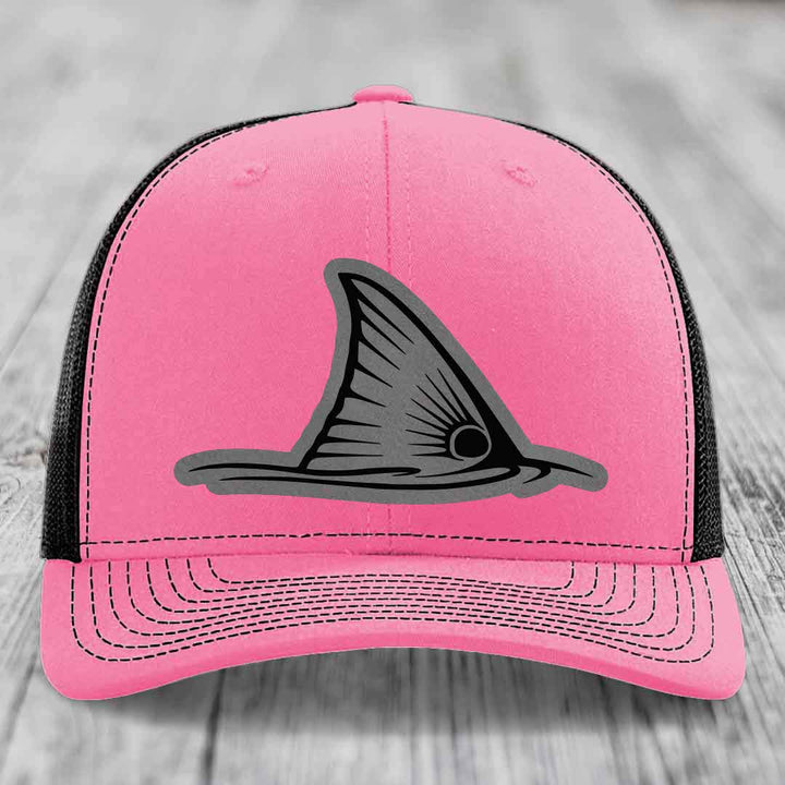 Redfish Tail - Leather Patch Hat - Grey to Black Patch - Richardson 112 Snapback Trucker Hat
