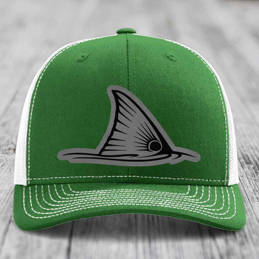 Redfish Tail - Leather Patch Hat - Grey to Black Patch - Richardson 112 Snapback Trucker Hat