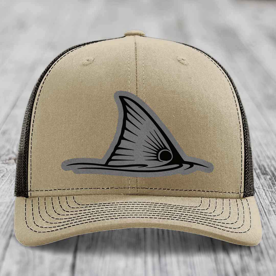 Redfish Tail - Leather Patch Hat - Grey to Black Patch - Richardson 112 Snapback Trucker Hat
