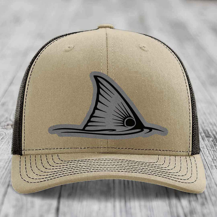 Redfish Tail - Leather Patch Hat - Grey to Black Patch - Richardson 112 Snapback Trucker Hat
