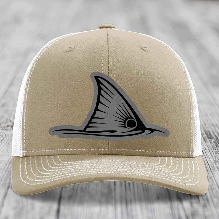 Redfish Tail - Leather Patch Hat - Grey to Black Patch - Richardson 112 Snapback Trucker Hat