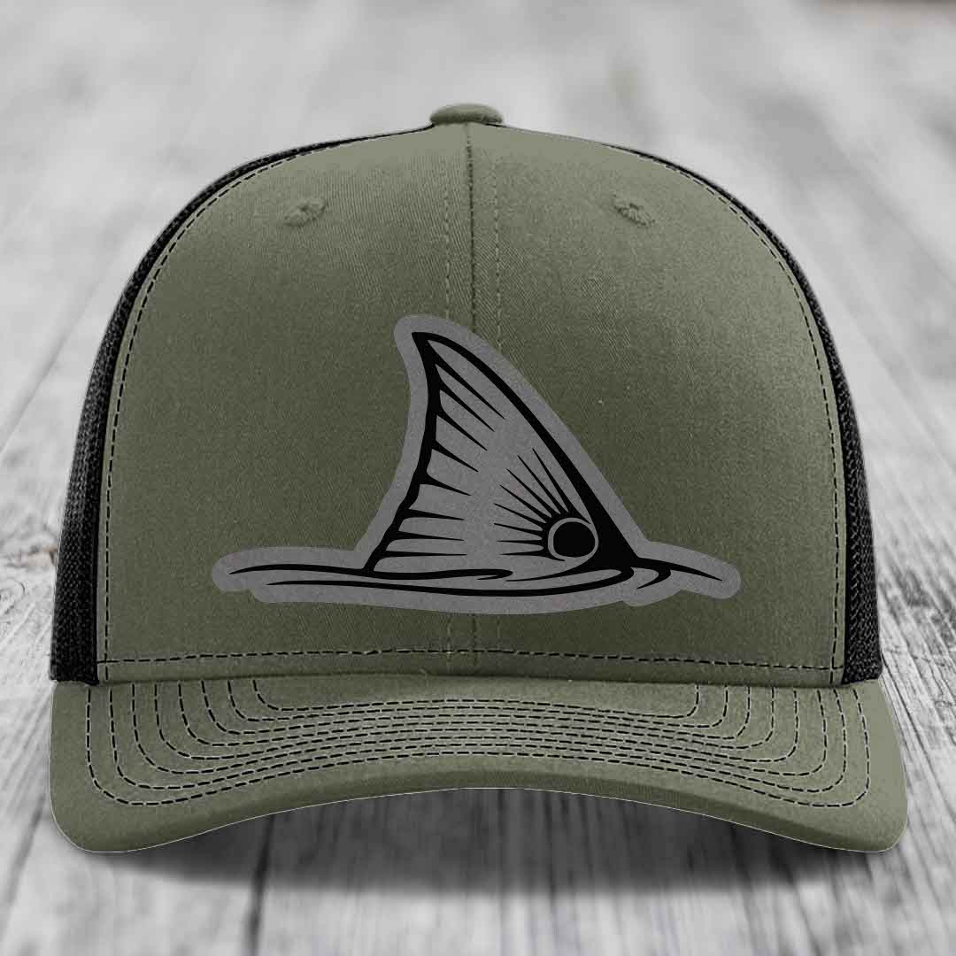 Redfish Tail - Leather Patch Hat - Grey to Black Patch - Richardson 112 Snapback Trucker Hat