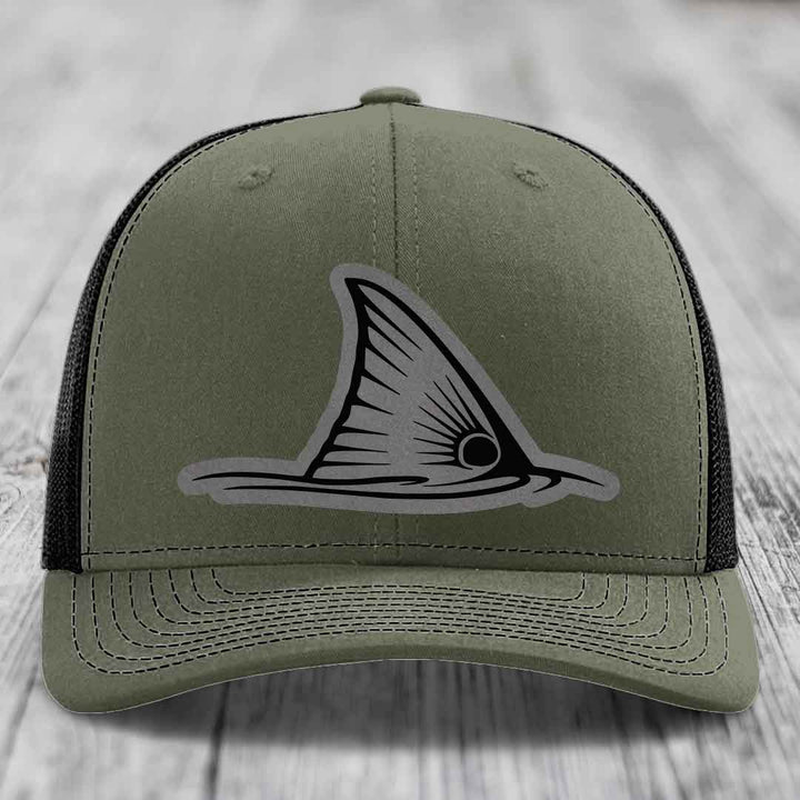 Redfish Tail - Leather Patch Hat - Grey to Black Patch - Richardson 112 Snapback Trucker Hat