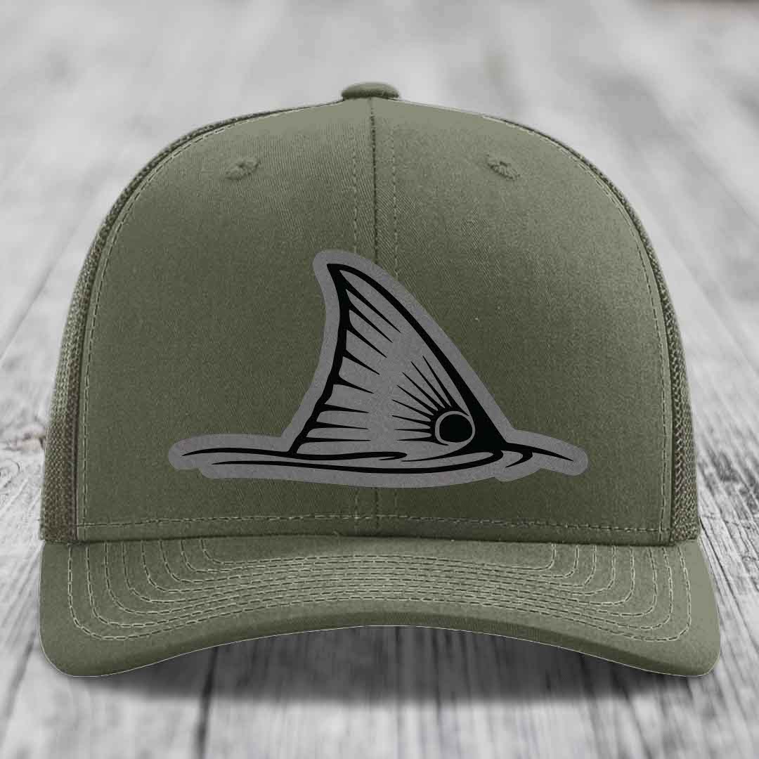 Redfish Tail - Leather Patch Hat - Grey to Black Patch - Richardson 112 Snapback Trucker Hat