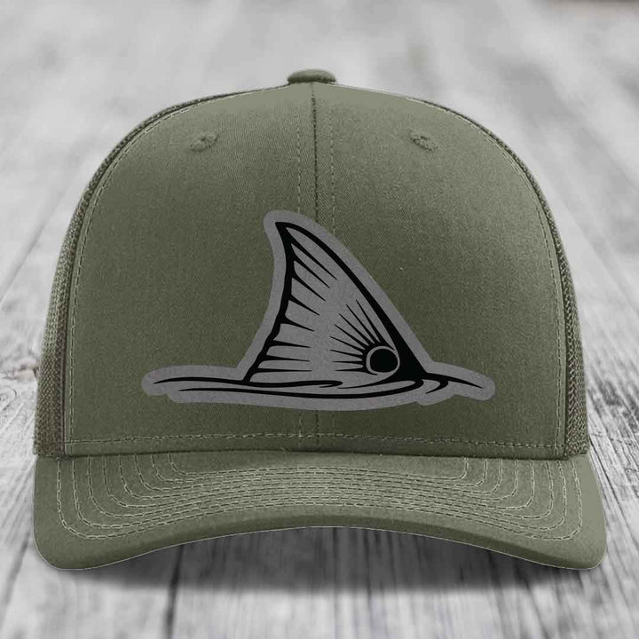 Redfish Tail - Leather Patch Hat - Grey to Black Patch - Richardson 112 Snapback Trucker Hat