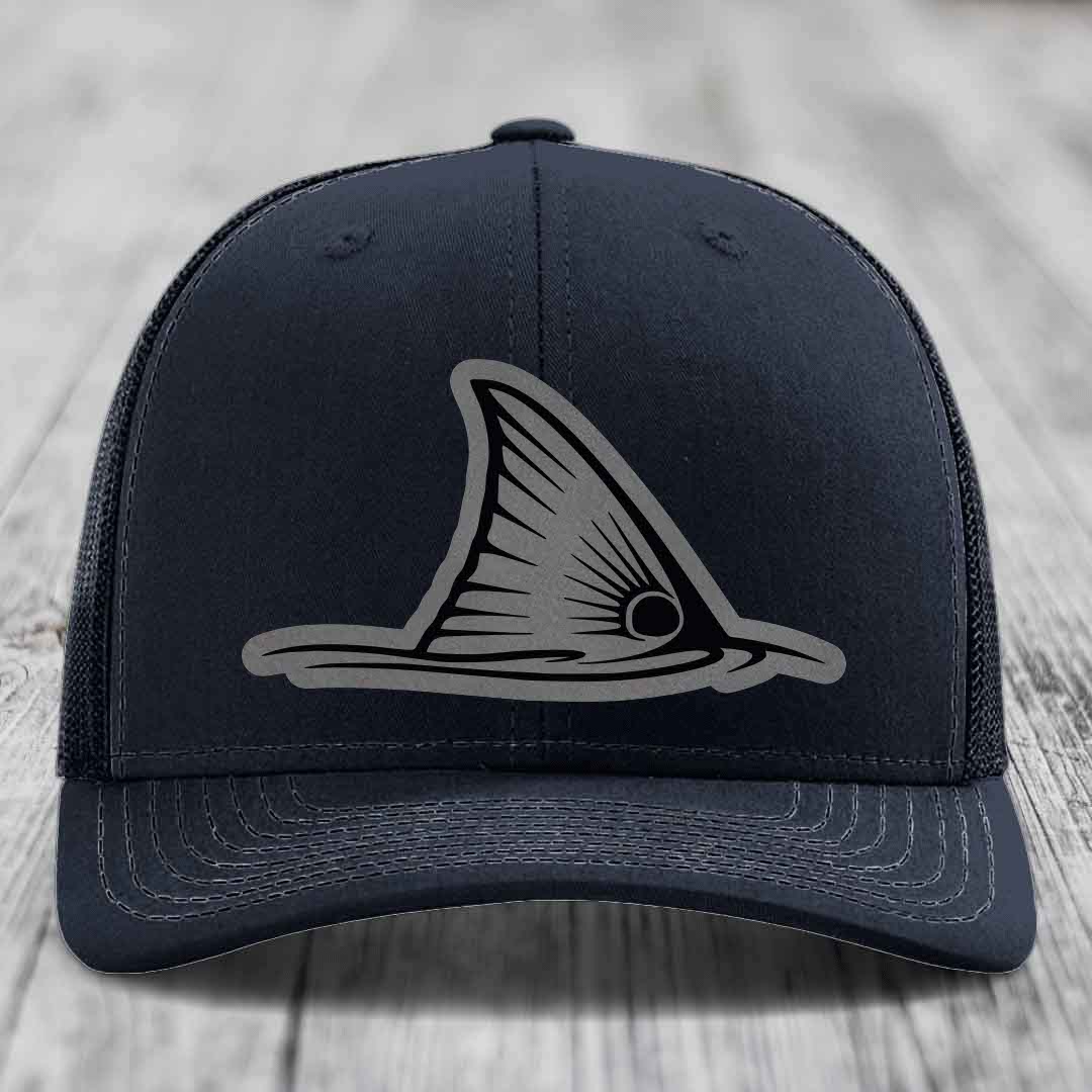 Redfish Tail - Leather Patch Hat - Grey to Black Patch - Richardson 112 Snapback Trucker Hat
