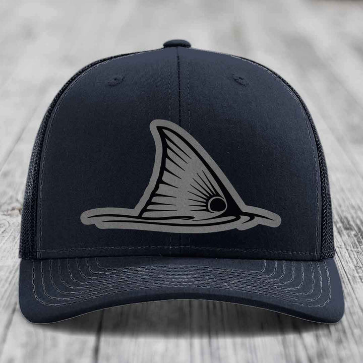 Redfish Tail - Leather Patch Hat - Grey to Black Patch - Richardson 112 Snapback Trucker Hat