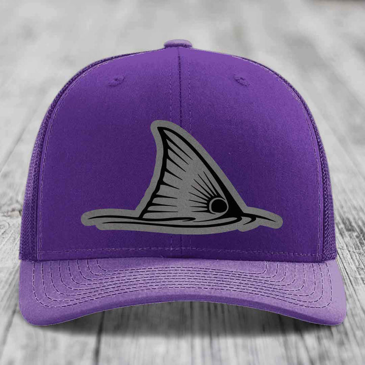 Redfish Tail - Leather Patch Hat - Grey to Black Patch - Richardson 112 Snapback Trucker Hat