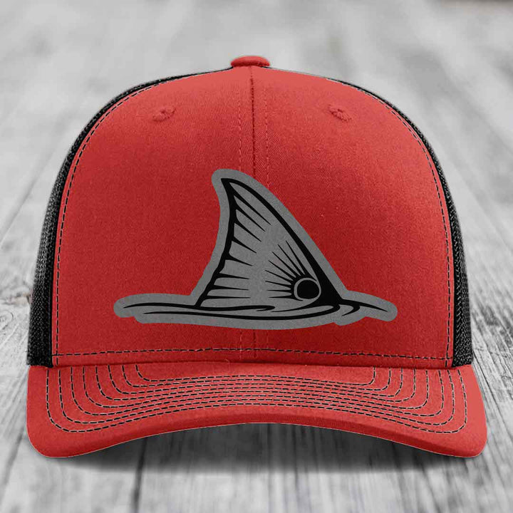Redfish Tail - Leather Patch Hat - Grey to Black Patch - Richardson 112 Snapback Trucker Hat