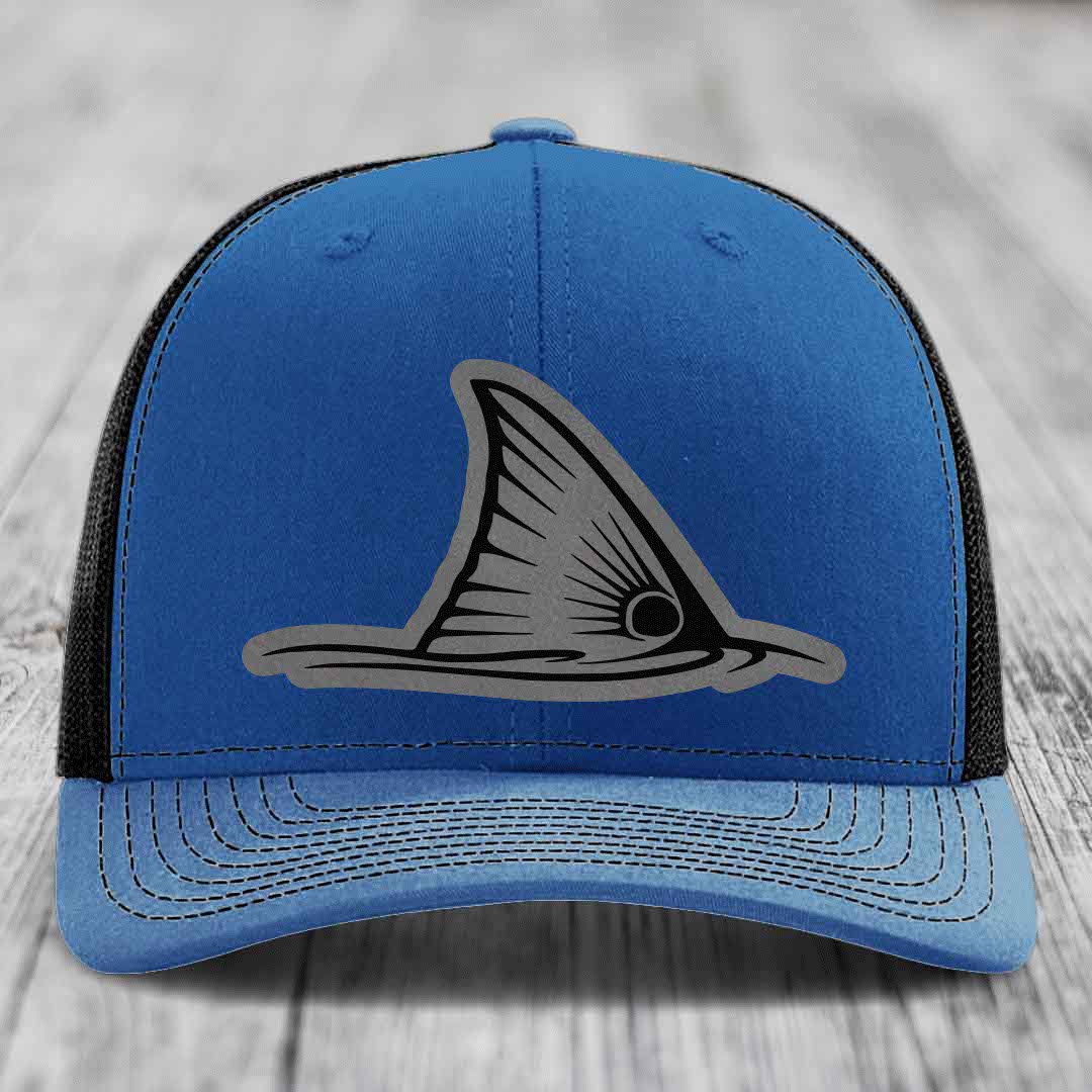 Redfish Tail - Leather Patch Hat - Grey to Black Patch - Richardson 112 Snapback Trucker Hat