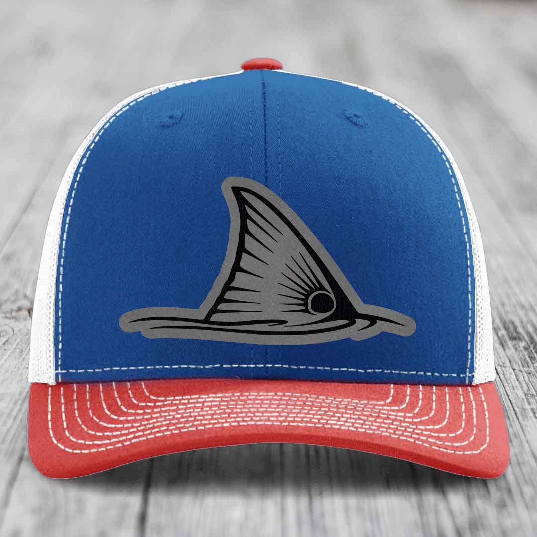 Redfish Tail - Leather Patch Hat - Grey to Black Patch - Richardson 112 Snapback Trucker Hat