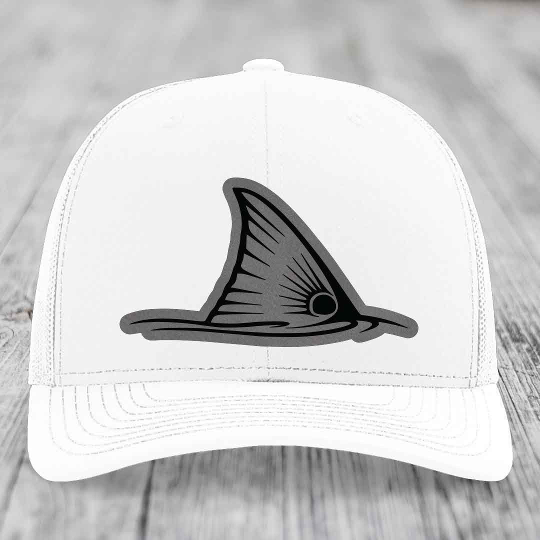 Redfish Tail - Leather Patch Hat - Grey to Black Patch - Richardson 112 Snapback Trucker Hat