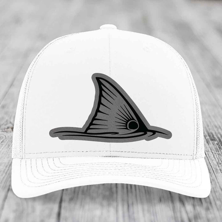 Redfish Tail - Leather Patch Hat - Grey to Black Patch - Richardson 112 Snapback Trucker Hat