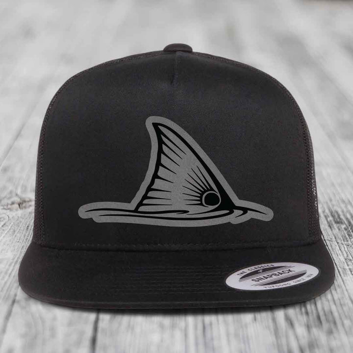 Redfish Tail - Leather Patch Hat - Grey to Black Patch - Yupoong 6006 Snapback Flatbill Hat