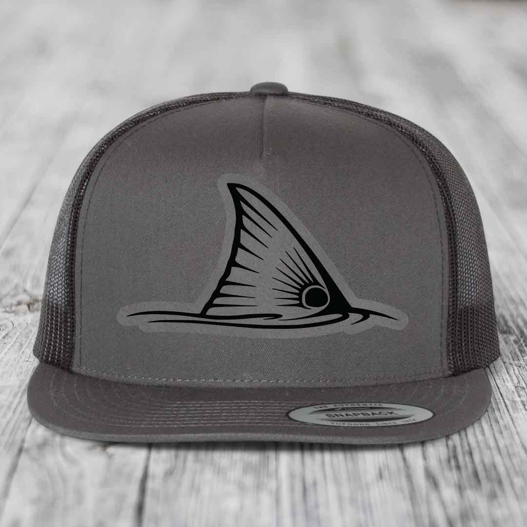 Redfish Tail - Leather Patch Hat - Grey to Black Patch - Yupoong 6006 Snapback Flatbill Hat