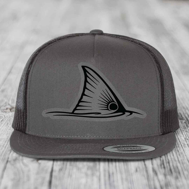 Redfish Tail - Leather Patch Hat - Grey to Black Patch - Yupoong 6006 Snapback Flatbill Hat
