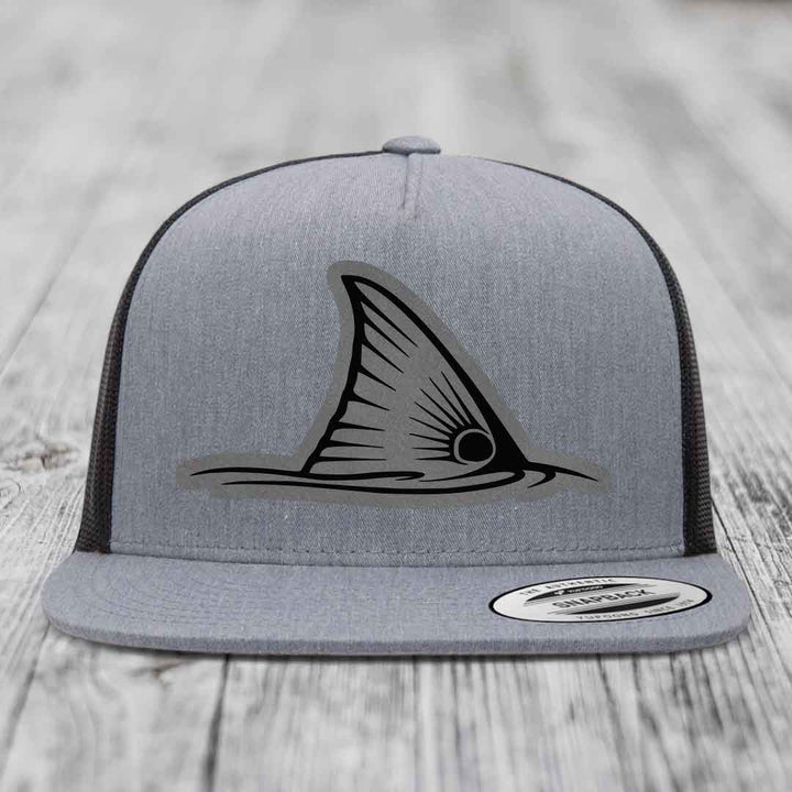 Redfish Tail - Leather Patch Hat - Grey to Black Patch - Yupoong 6006 Snapback Flatbill Hat