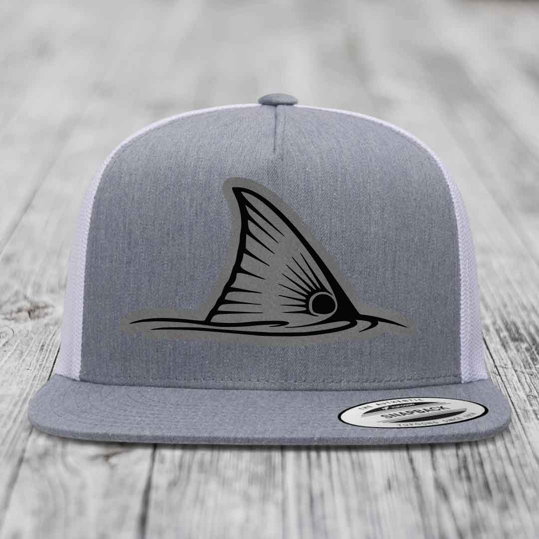 Redfish Tail - Leather Patch Hat - Grey to Black Patch - Yupoong 6006 Snapback Flatbill Hat