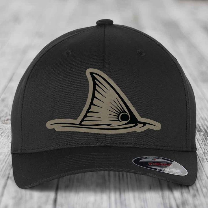 Redfish Tail - Leather Patch Hat - Light Brown to Black Patch - Flexfit 6277 Fitted Hat