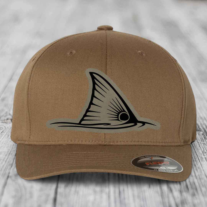 Redfish Tail - Leather Patch Hat - Light Brown to Black Patch - Flexfit 6277 Fitted Hat