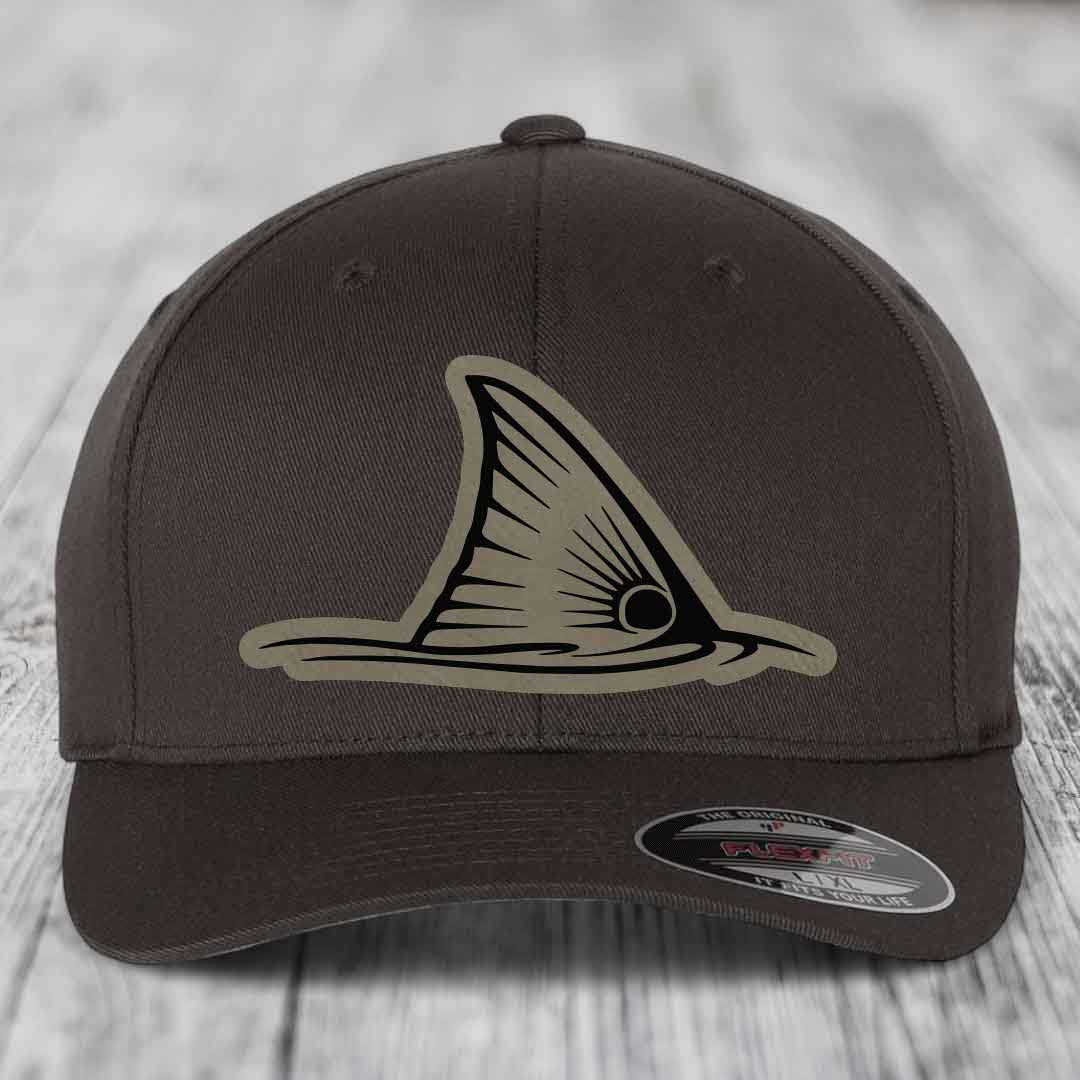 Redfish Tail - Leather Patch Hat - Light Brown to Black Patch - Flexfit 6277 Fitted Hat