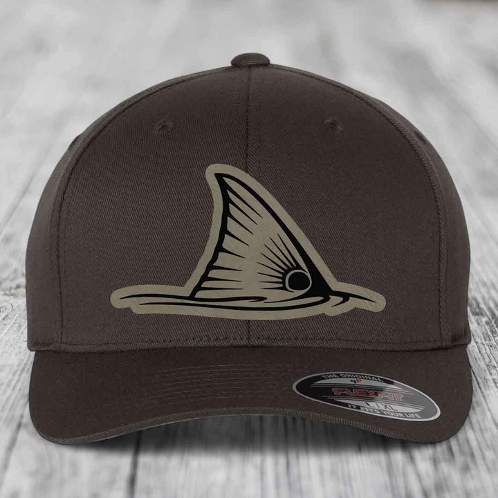 Redfish Tail - Leather Patch Hat - Light Brown to Black Patch - Flexfit 6277 Fitted Hat