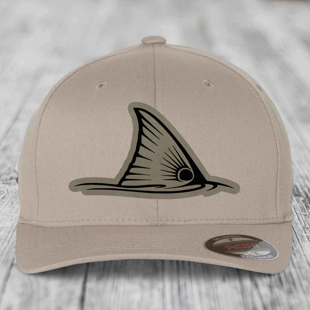 Redfish Tail - Leather Patch Hat - Light Brown to Black Patch - Flexfit 6277 Fitted Hat