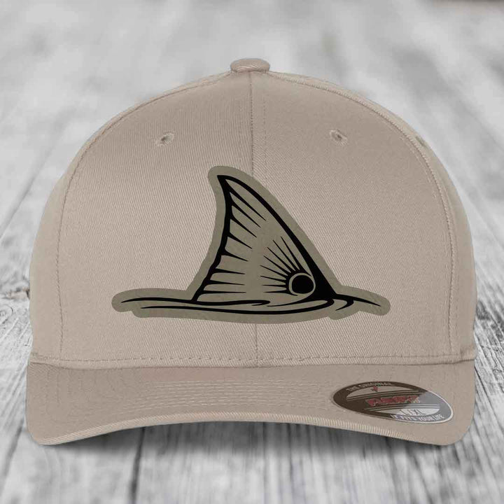 Redfish Tail - Leather Patch Hat - Light Brown to Black Patch - Flexfit 6277 Fitted Hat