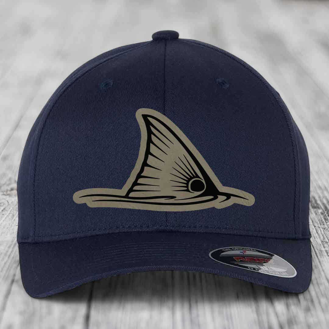 Redfish Tail - Leather Patch Hat - Light Brown to Black Patch - Flexfit 6277 Fitted Hat