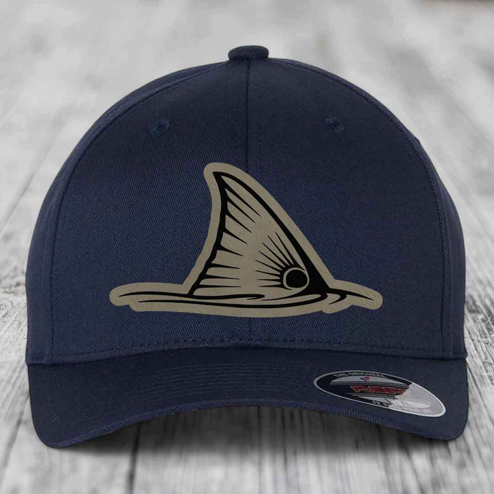 Redfish Tail - Leather Patch Hat - Light Brown to Black Patch - Flexfit 6277 Fitted Hat