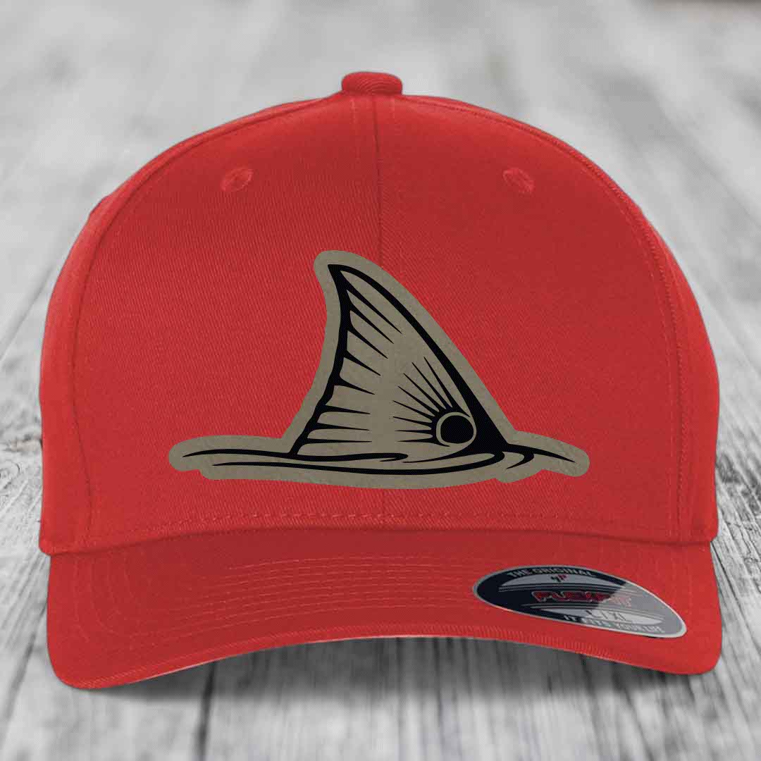 Redfish Tail - Leather Patch Hat - Light Brown to Black Patch - Flexfit 6277 Fitted Hat