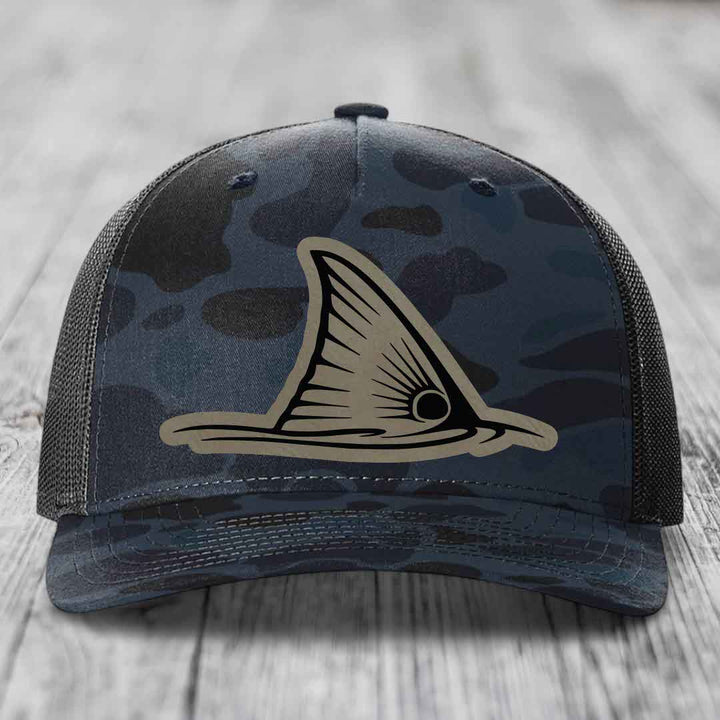 Redfish Tail - Leather Patch Hat - Light Brown to Black Patch - Richardson 112PFP Snapback Trucker Hat