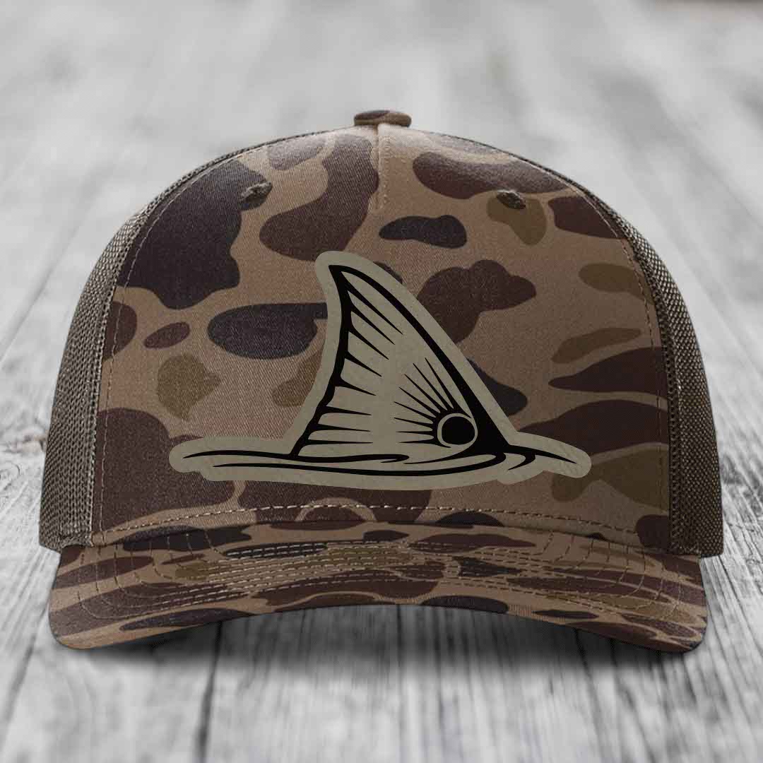 Redfish Tail - Leather Patch Hat - Light Brown to Black Patch - Richardson 112PFP Snapback Trucker Hat