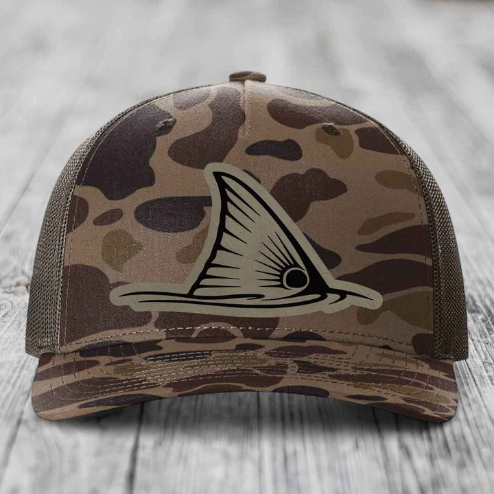 Redfish Tail - Leather Patch Hat - Light Brown to Black Patch - Richardson 112PFP Snapback Trucker Hat