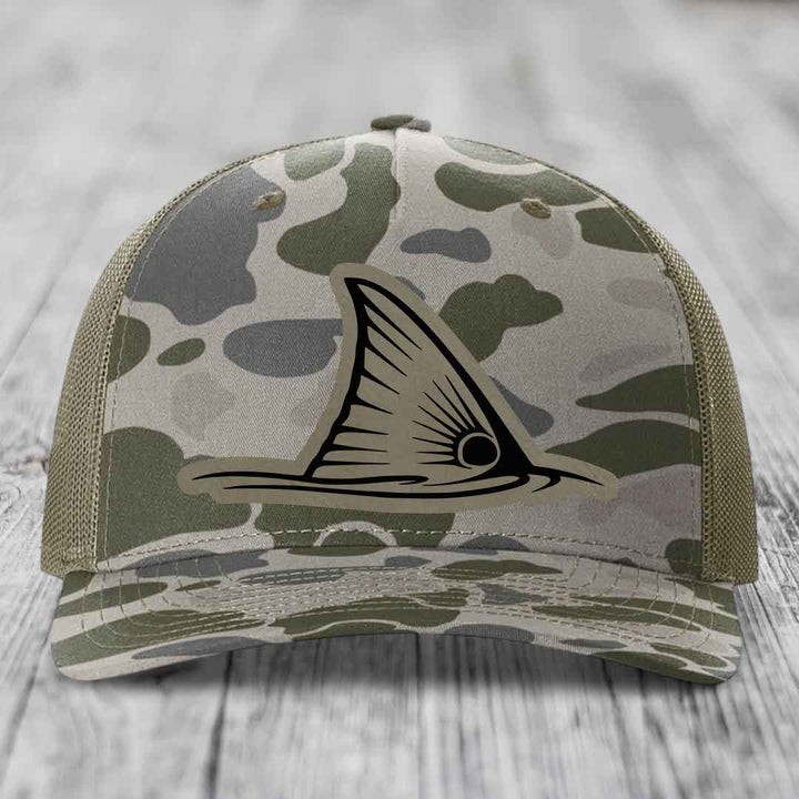 Redfish Tail - Leather Patch Hat - Light Brown to Black Patch - Richardson 112PFP Snapback Trucker Hat
