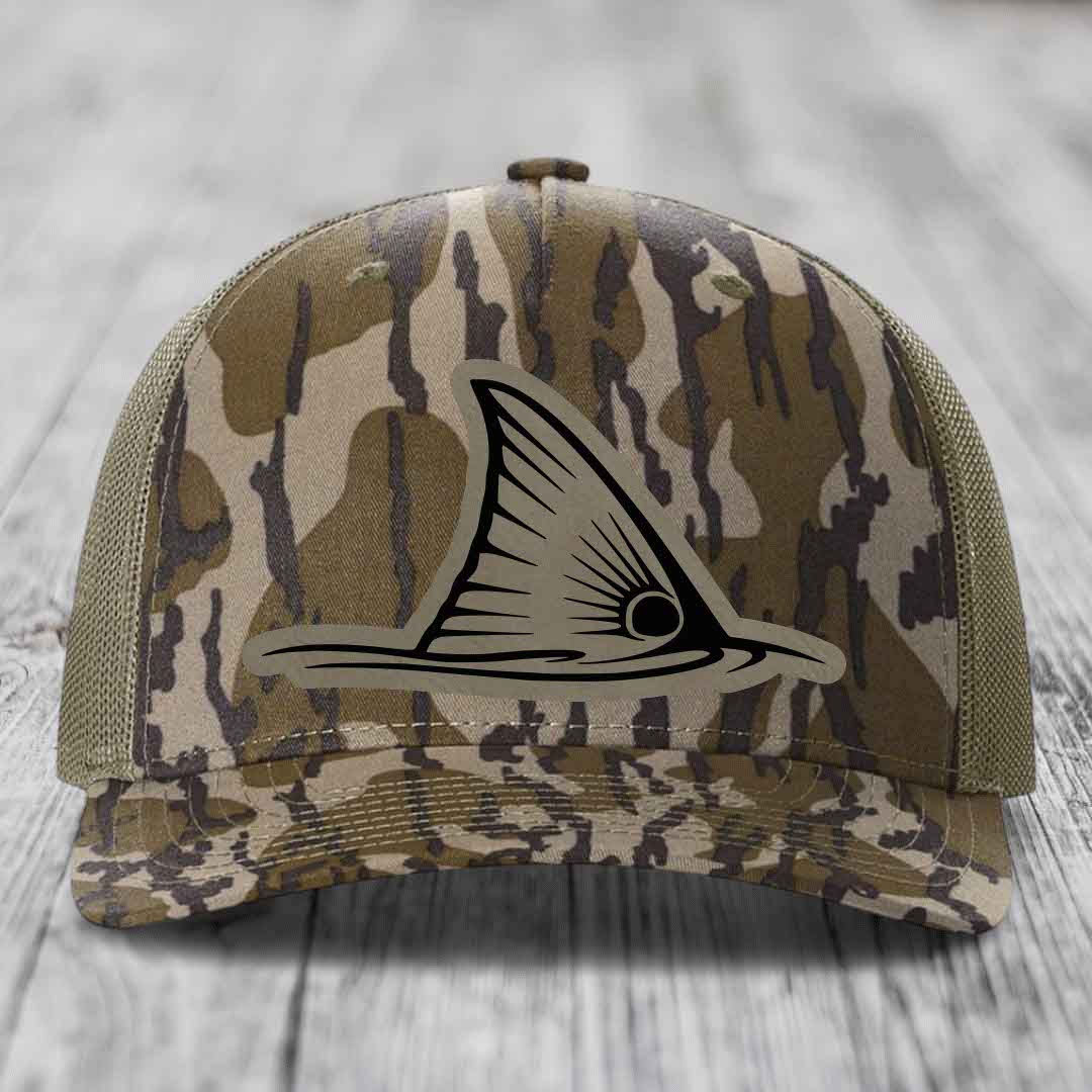 Redfish Tail - Leather Patch Hat - Light Brown to Black Patch - Richardson 112PFP Snapback Trucker Hat