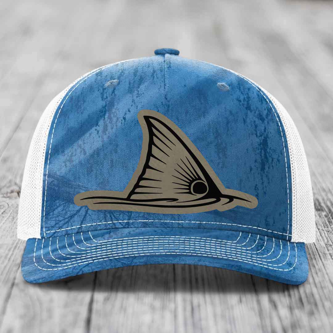 Redfish Tail - Leather Patch Hat - Light Brown to Black Patch - Richardson 112PFP Snapback Trucker Hat