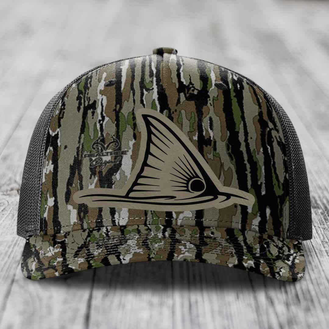 Redfish Tail - Leather Patch Hat - Light Brown to Black Patch - Richardson 112PFP Snapback Trucker Hat