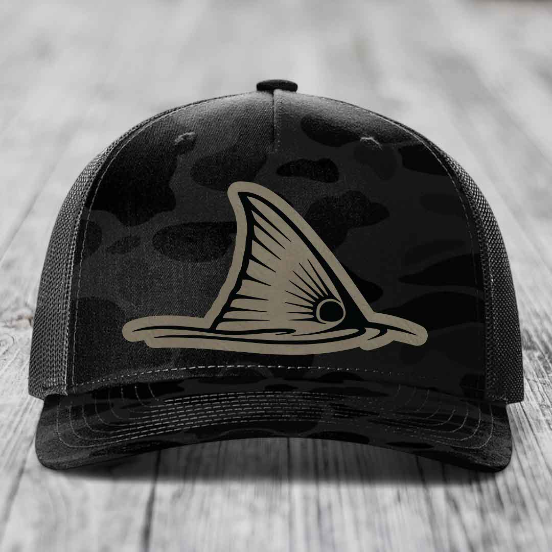 Redfish Tail - Leather Patch Hat - Light Brown to Black Patch - Richardson 112PFP Snapback Trucker Hat