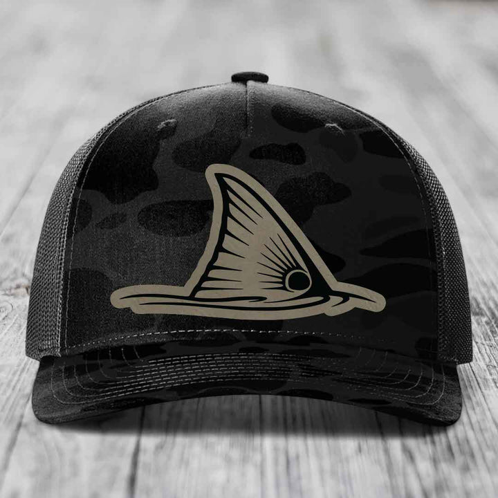 Redfish Tail - Leather Patch Hat - Light Brown to Black Patch - Richardson 112PFP Snapback Trucker Hat