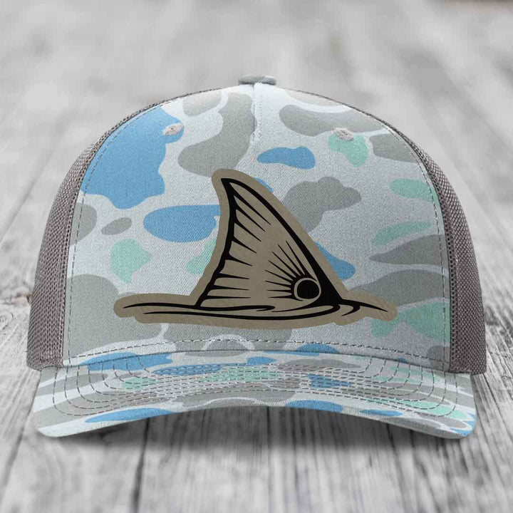 Redfish Tail - Leather Patch Hat - Light Brown to Black Patch - Richardson 112PFP Snapback Trucker Hat