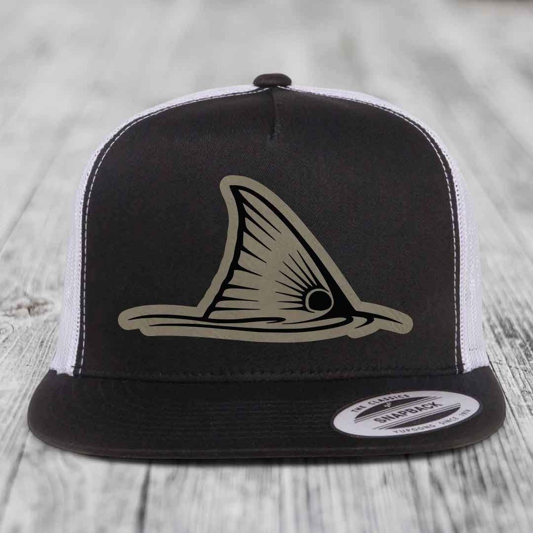 Redfish Tail - Leather Patch Hat - Light Brown to Black Patch - Yupoong 6006 Snapback Flatbill Hat