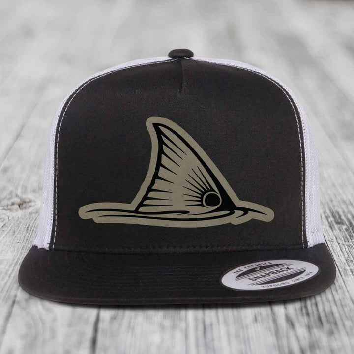 Redfish Tail - Leather Patch Hat - Light Brown to Black Patch - Yupoong 6006 Snapback Flatbill Hat