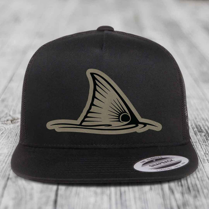 Redfish Tail - Leather Patch Hat - Light Brown to Black Patch - Yupoong 6006 Snapback Flatbill Hat