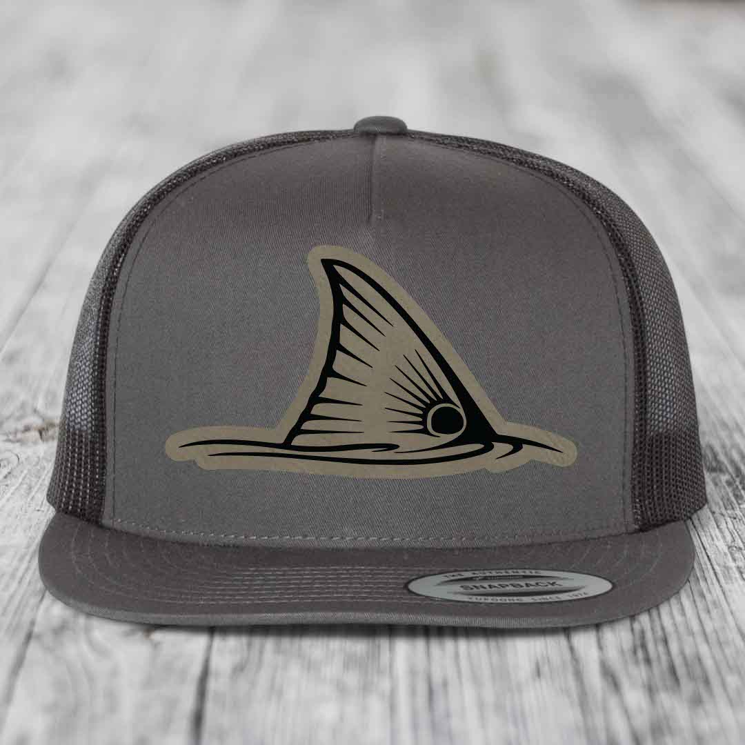 Redfish Tail - Leather Patch Hat - Light Brown to Black Patch - Yupoong 6006 Snapback Flatbill Hat