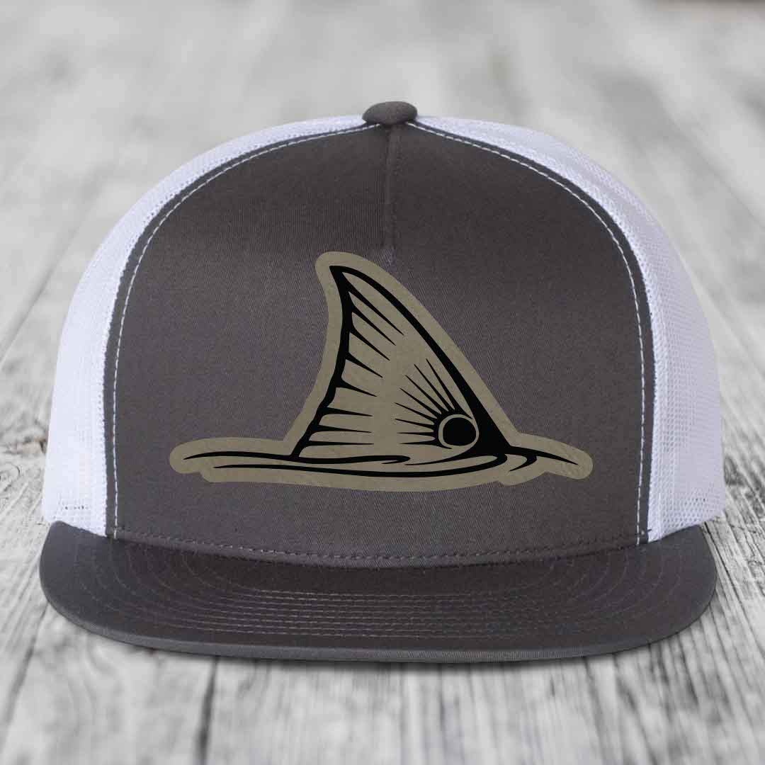 Redfish Tail - Leather Patch Hat - Light Brown to Black Patch - Yupoong 6006 Snapback Flatbill Hat
